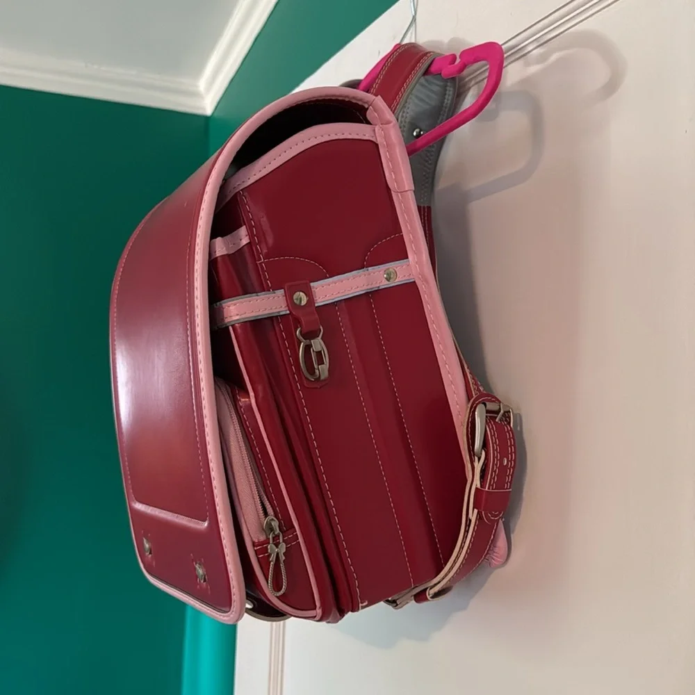 Red Japanese School Bag with pink trim and reflective stripes. - Picture 4 of 13